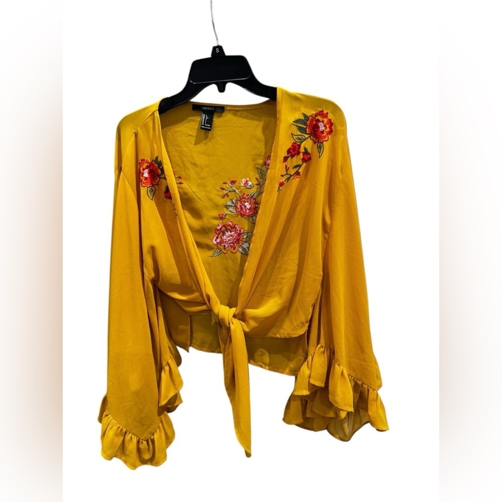 Women’s Forever 21 Embroidered Floral Front Tie Top Ruffle Sleeves Boho: Large